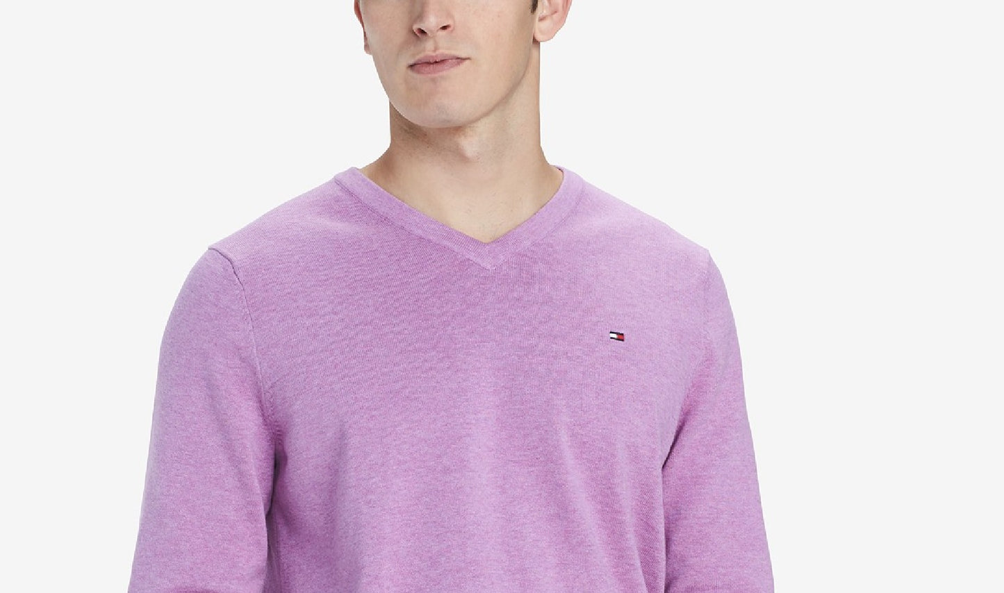 Suéter Tommy Hilfiger Signature com decote em V masculino, roxo, tamanho pequeno