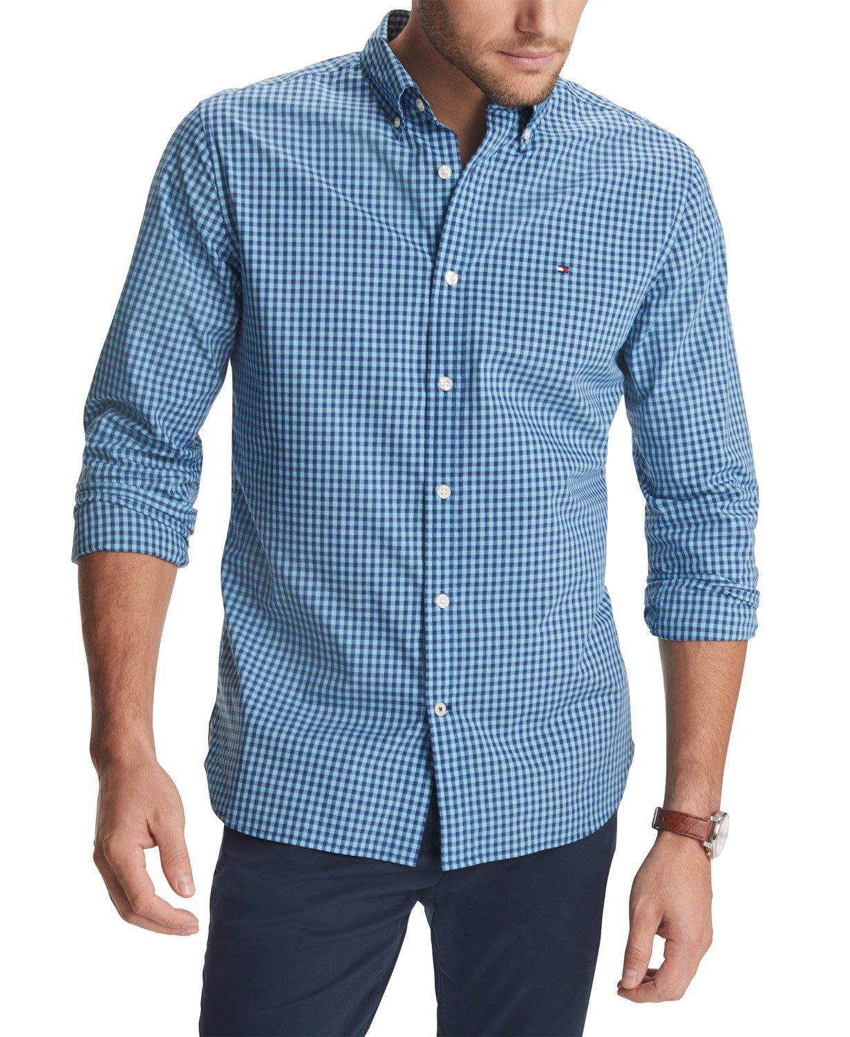 Camisa xadrez xadrez elástica personalizada Charles Tommy Hilfiger masculina, azul, tamanho pequeno
