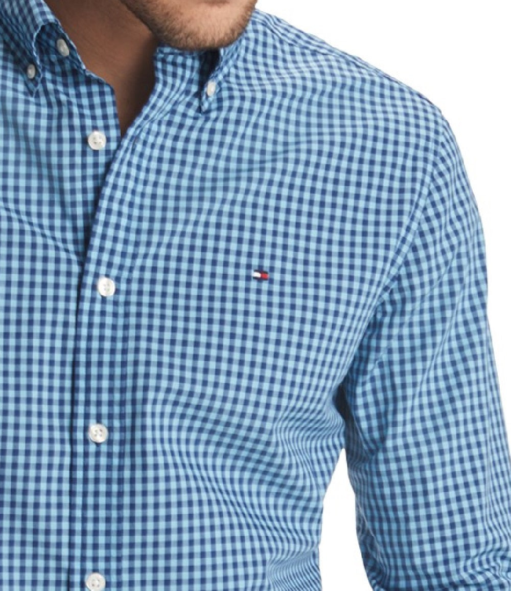 Camisa xadrez xadrez elástica personalizada Charles Tommy Hilfiger masculina, azul, tamanho pequeno