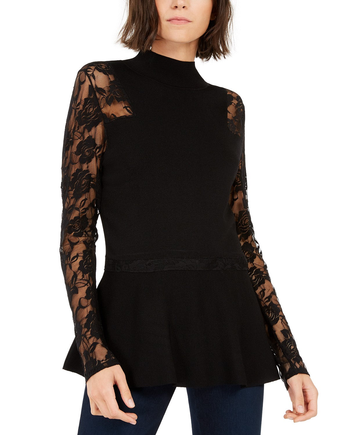 Suéter feminino peplum de renda pequena da INC International Concepts, preto, tamanho pequeno