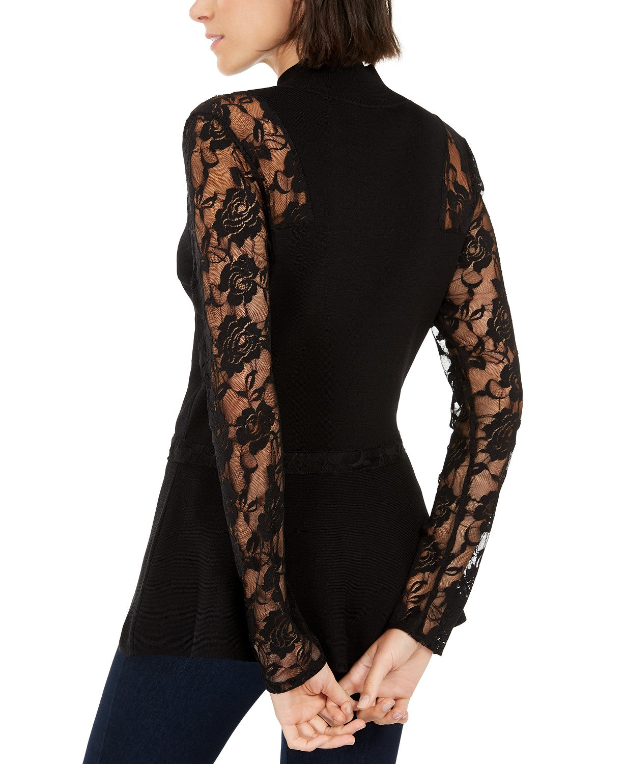 Suéter feminino peplum de renda pequena da INC International Concepts, preto, tamanho pequeno