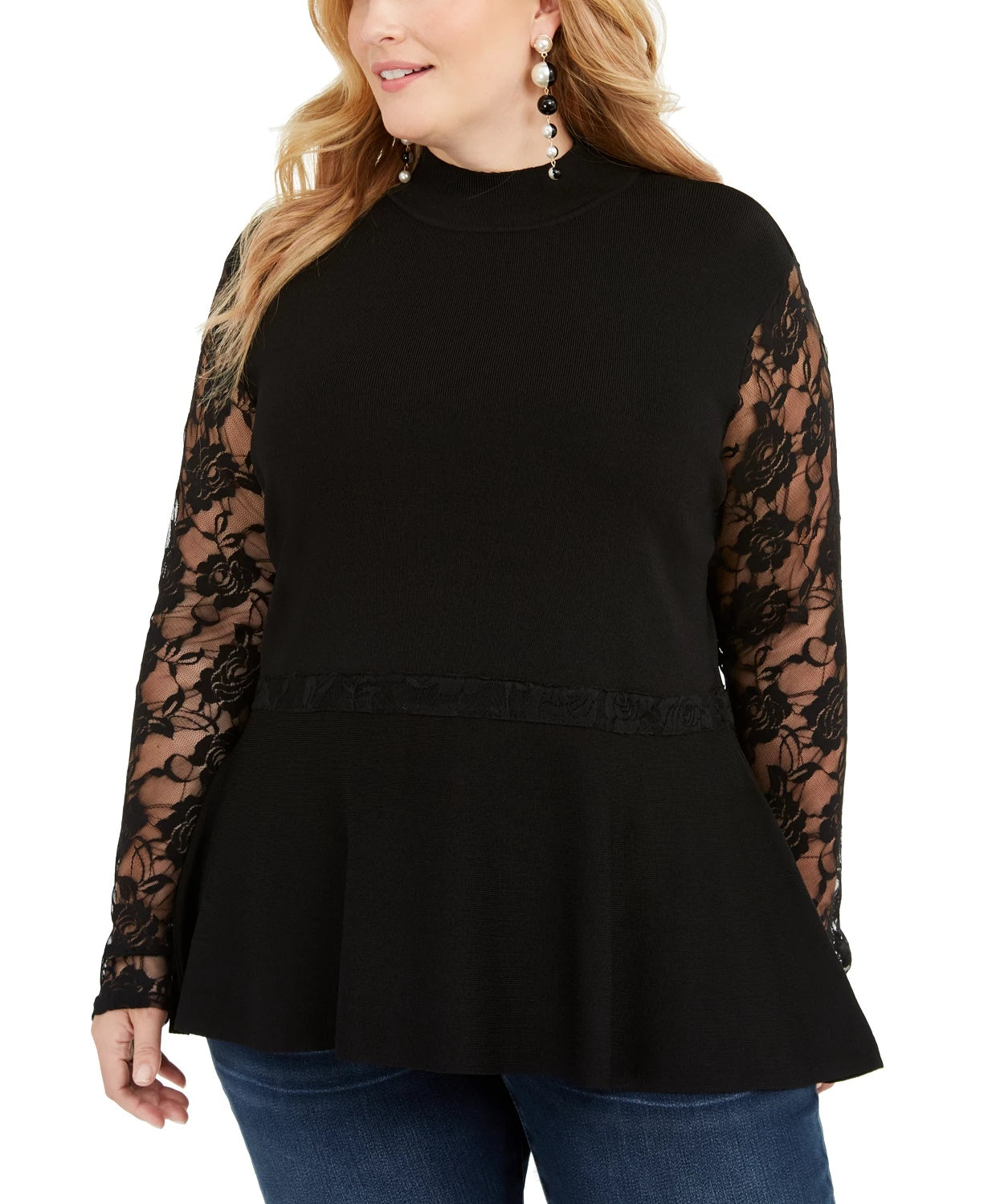 Suéter feminino plus size peplum de renda da INC International Concepts, preto, tamanho 1X