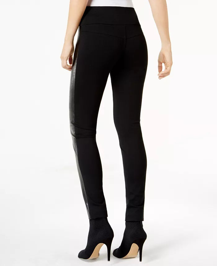 Calça skinny feminina INC International Concepts Petite em couro sintético e contraste, preta, tamanho 0