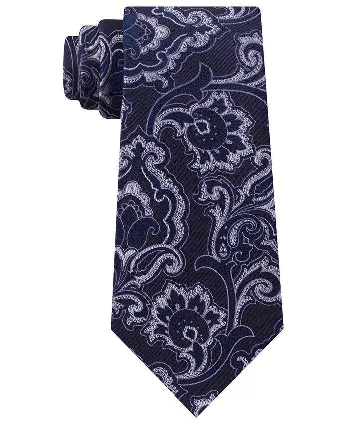 Gravata masculina Michael Kors com estampa paisley e contorno intrincado, tamanho regular, azul-marinho