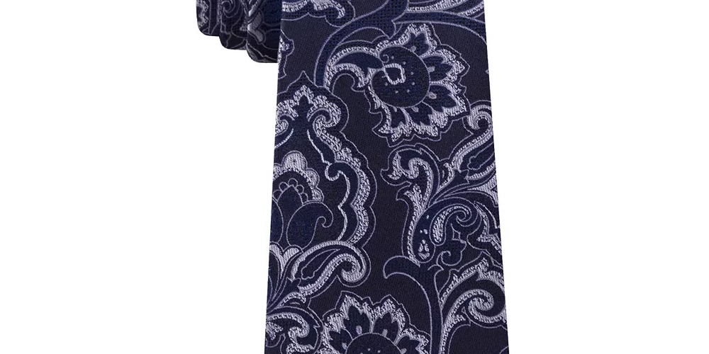 Gravata masculina Michael Kors com estampa paisley e contorno intrincado, tamanho regular, azul-marinho