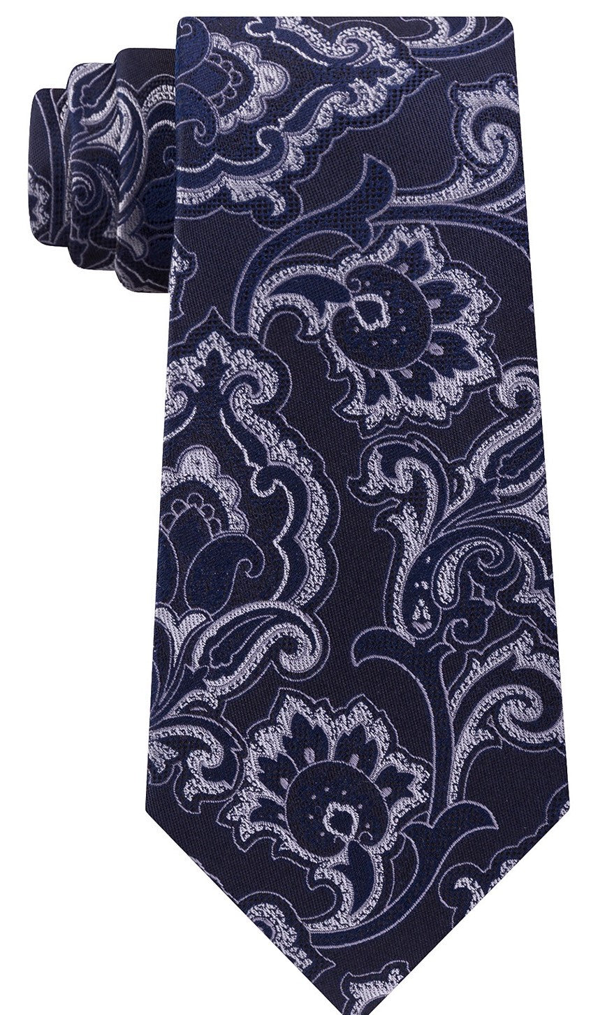 Gravata masculina Michael Kors com estampa paisley e contorno intrincado, tamanho regular, azul-marinho