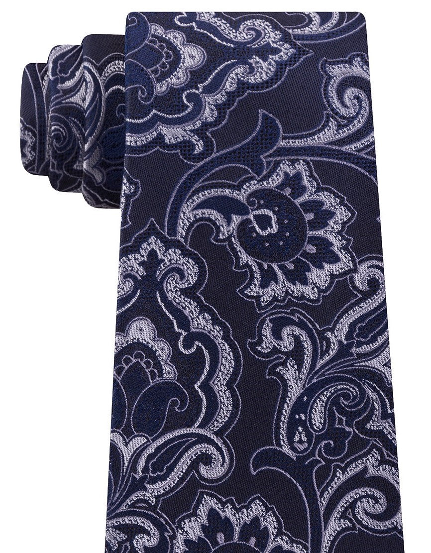 Gravata masculina Michael Kors com estampa paisley e contorno intrincado, tamanho regular, azul-marinho