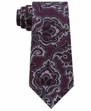 Gravata masculina Michael Kors com estampa paisley intrincada e contorno vermelho bordô, tamanho regular