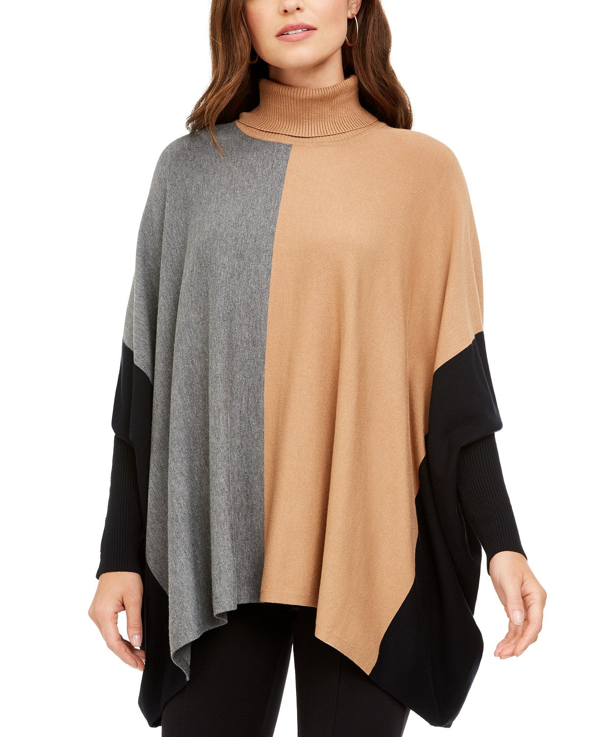 Alfani Suéter Poncho Feminino Gola Alta Colorblock Marrom Tamanho Grande