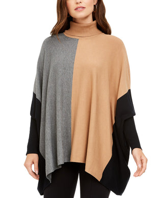 Alfani Suéter Poncho Feminino Gola Alta Colorblock Marrom Tamanho Grande