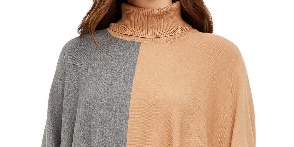 Alfani Suéter Poncho Feminino Gola Alta Colorblock Marrom Tamanho Grande