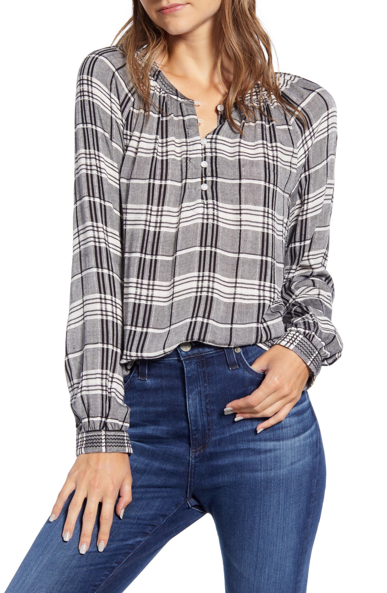 Blusa xadrez popover Lucky Women's Brand Jessica, preta, tamanho médio
