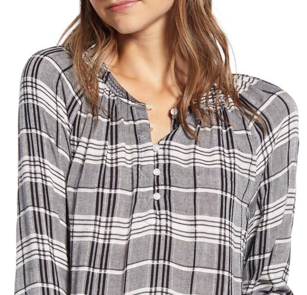 Blusa xadrez popover Lucky Women's Brand Jessica, preta, tamanho médio