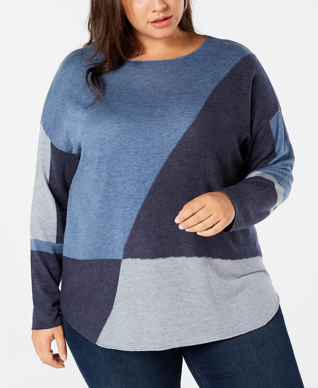 Suéter feminino plus size de manga comprida, alto e baixo, azul marinho, tamanho 0X da INC International Concepts