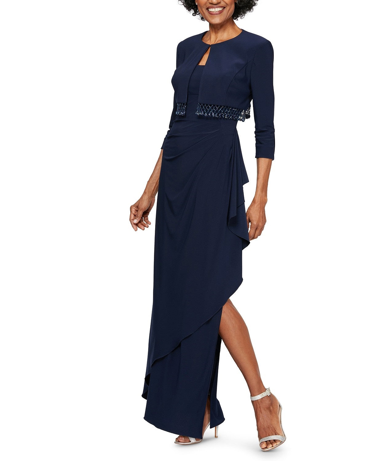Vestido feminino Alex Evenings com babados e bolero, azul-marinho, tamanho 6