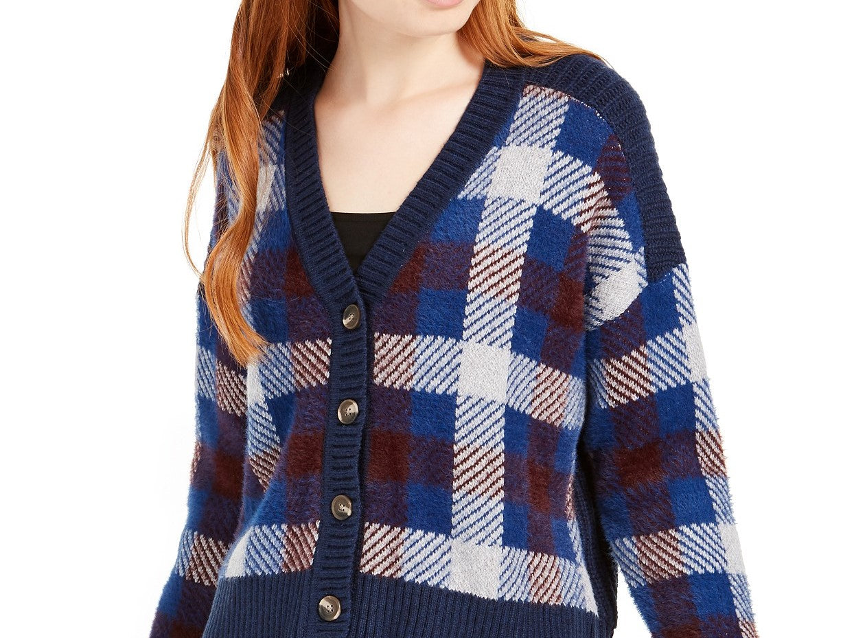 1.STATE Cardigan curto feminino xadrez com botões na frente, azul