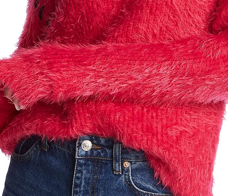 1.STATE Suéter feminino com franjas de cílios e gola alta rosa