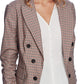 1.STATE Blazer feminino com manga franzida e minixadrez marrom