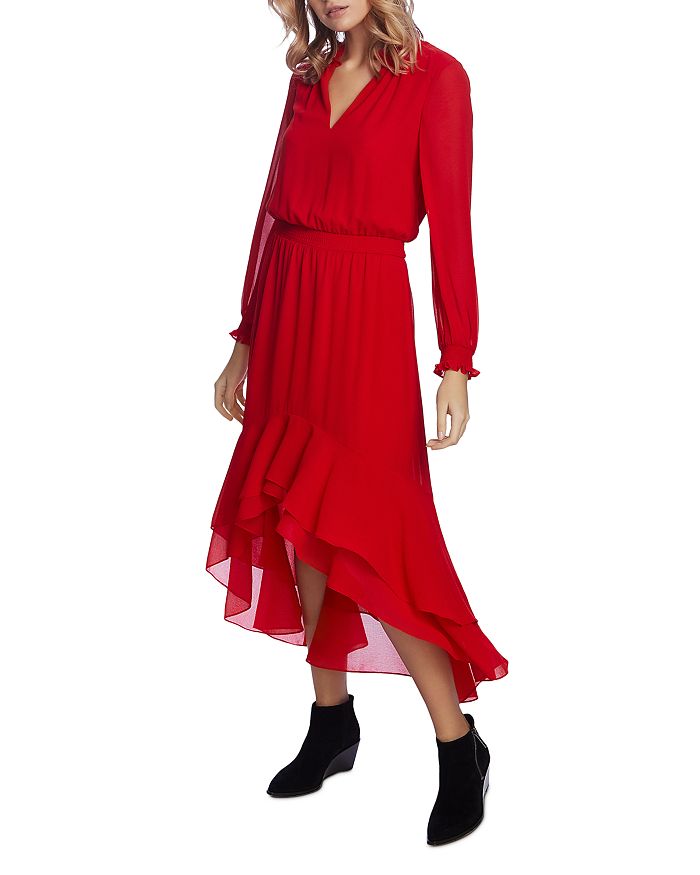 1.STATE Vestido Feminino Smocked High-Low Vermelho