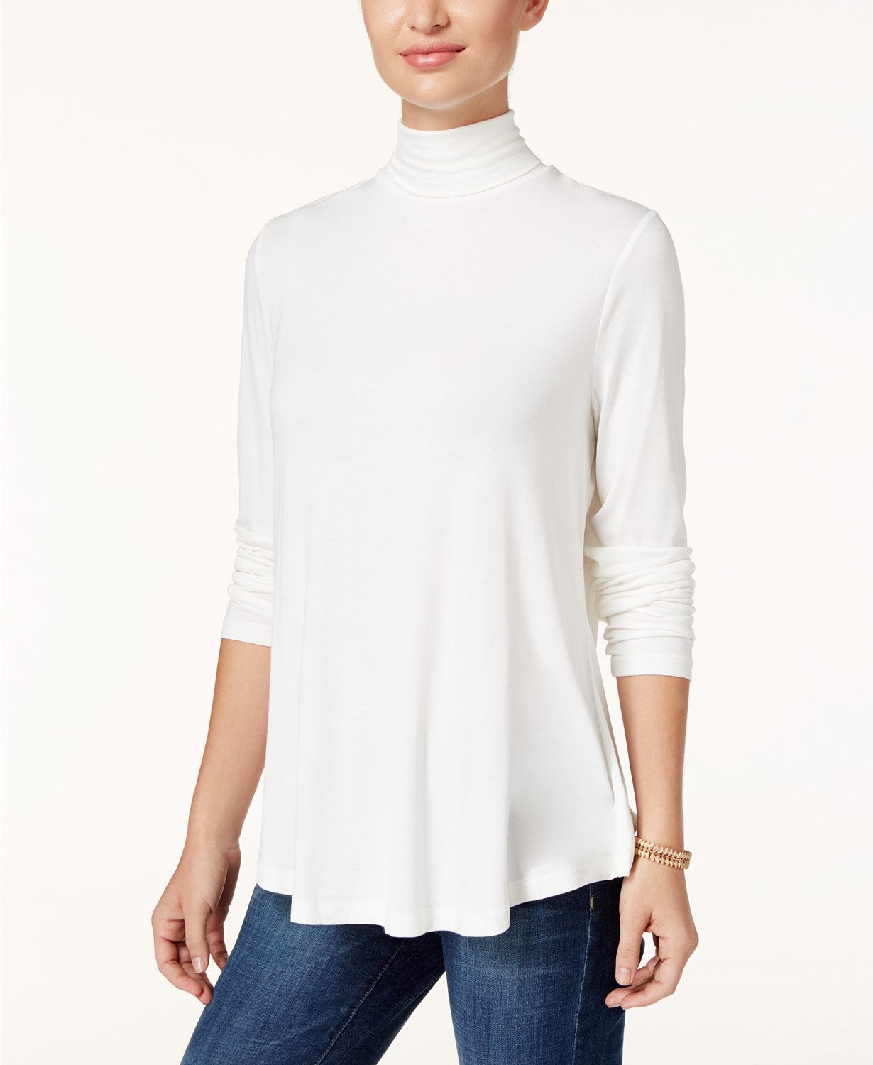 JM Collection Blusa feminina de malha com manga comprida e gola alta, cor marfim, branca, tamanho médio
