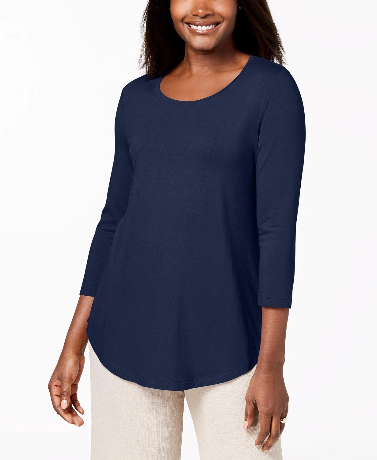 JM Collection Top feminino pequeno com manga três quartos, azul, tamanho pequeno médio