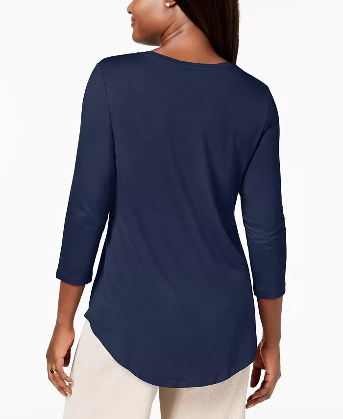 JM Collection Top feminino pequeno com manga três quartos, azul, tamanho pequeno médio