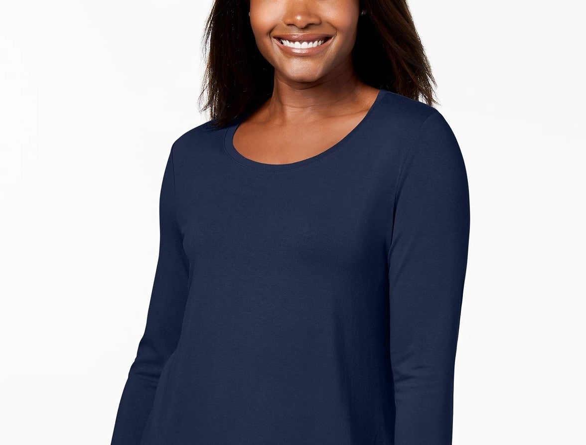 JM Collection Top feminino pequeno com manga três quartos, azul, tamanho pequeno médio
