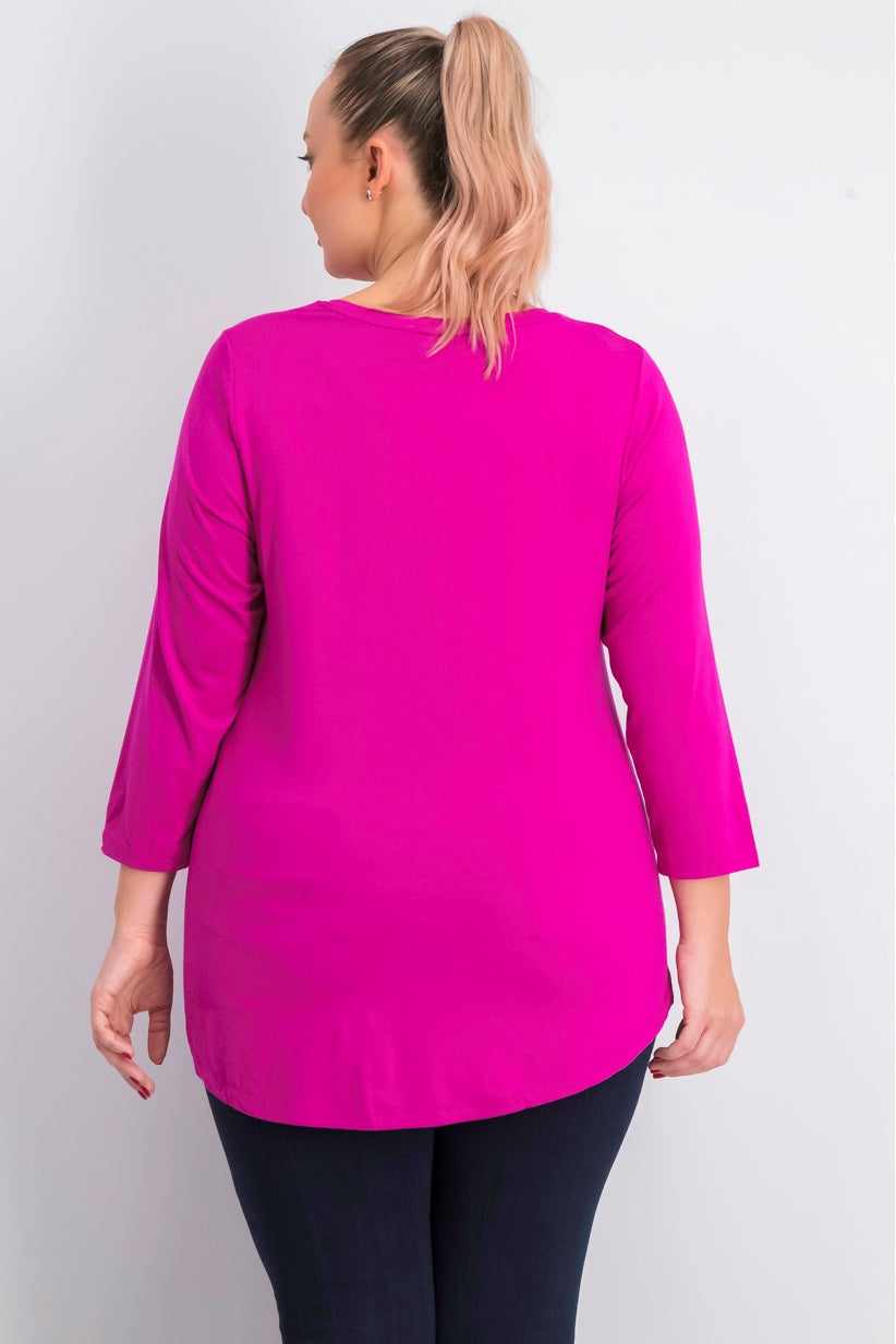JM Collection Top feminino plus size com decote redondo, rosa médio, tamanho OX