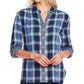 Camisa xadrez e listrada feminina Vince Camuto, manga enrolada, azul marinho, tamanho pequeno