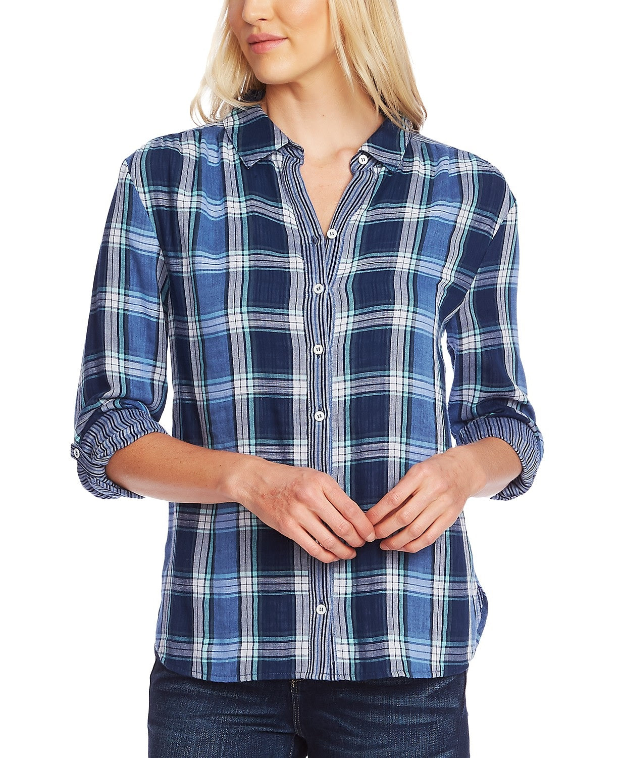 Camisa xadrez e listrada feminina Vince Camuto, manga enrolada, azul marinho, tamanho pequeno