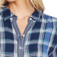 Camisa xadrez e listrada feminina Vince Camuto, manga enrolada, azul marinho, tamanho pequeno