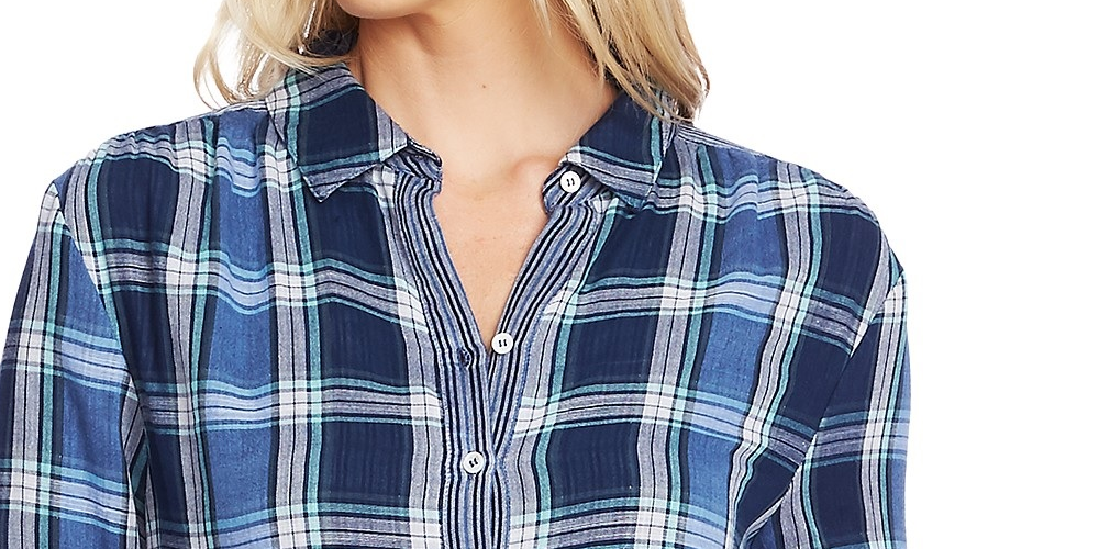Camisa xadrez e listrada feminina Vince Camuto, manga enrolada, azul marinho, tamanho pequeno