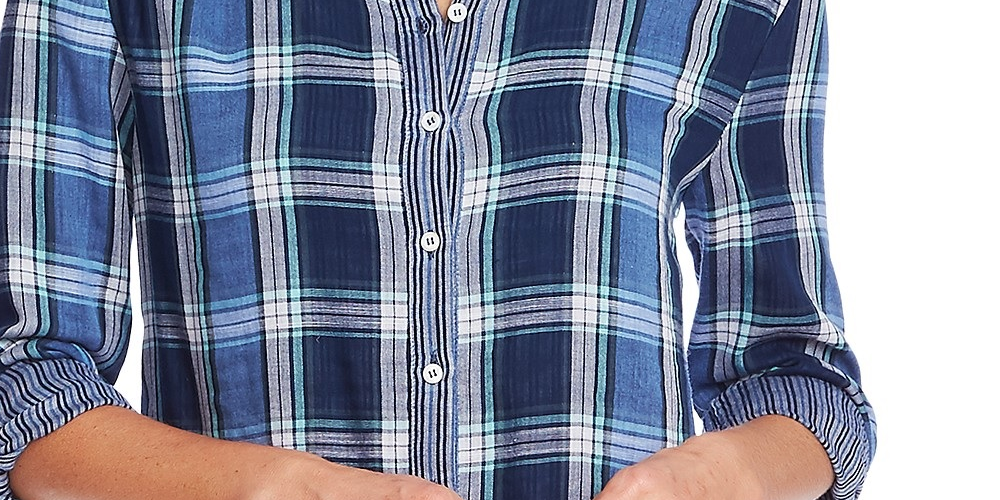 Camisa xadrez e listrada feminina Vince Camuto, manga enrolada, azul marinho, tamanho pequeno