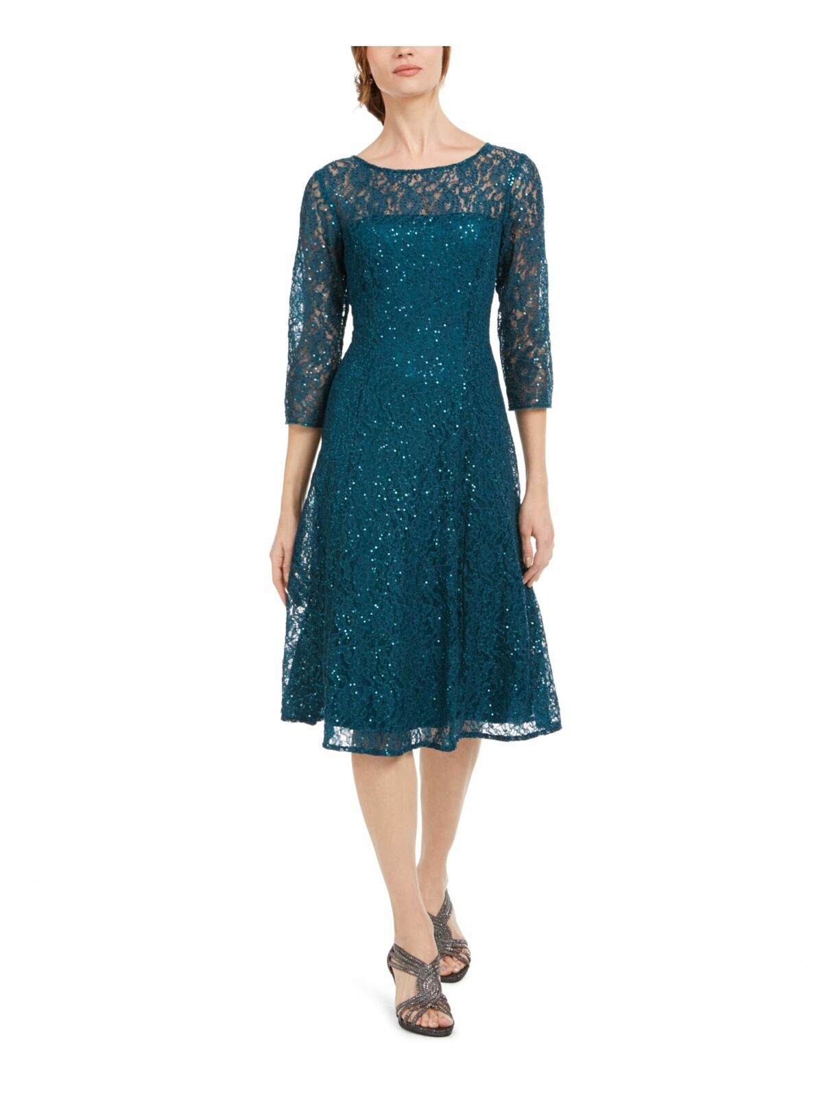 Vestido de renda com lantejoulas SL Fashions feminino, verde, tamanho 10