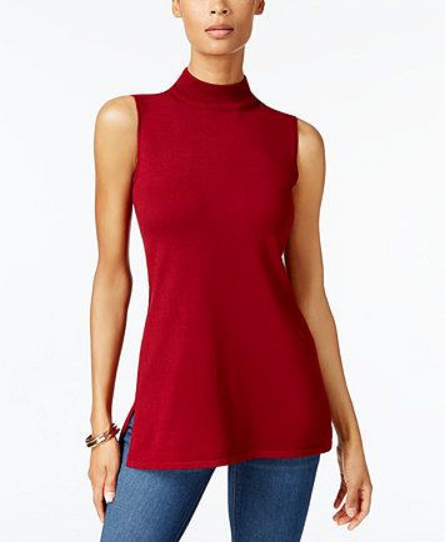 JM Collection Suéter feminino sem mangas com gola alta, vermelho, tamanho pequeno