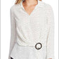 Vince Camuto Blusa feminina Ditsy Fragments manga comprida com cinto, branca, tamanho pequeno