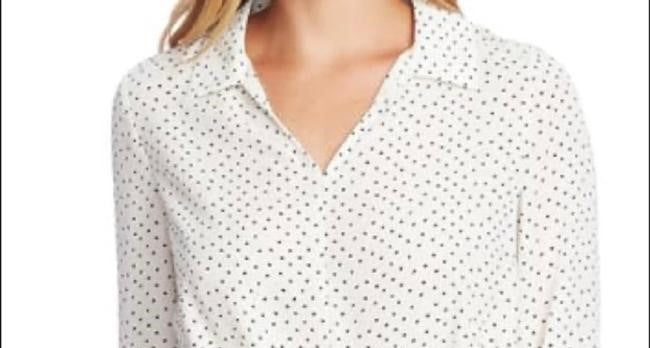 Vince Camuto Blusa feminina Ditsy Fragments manga comprida com cinto, branca, tamanho pequeno