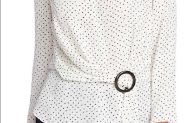 Vince Camuto Blusa feminina Ditsy Fragments manga comprida com cinto, branca, tamanho pequeno
