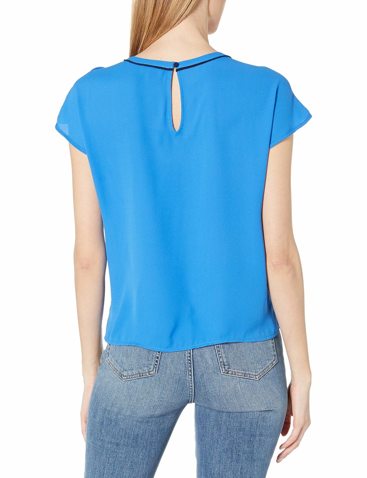 Vince Camuto Blusa feminina com botões e ombro de fora, azul escuro, tamanho médio