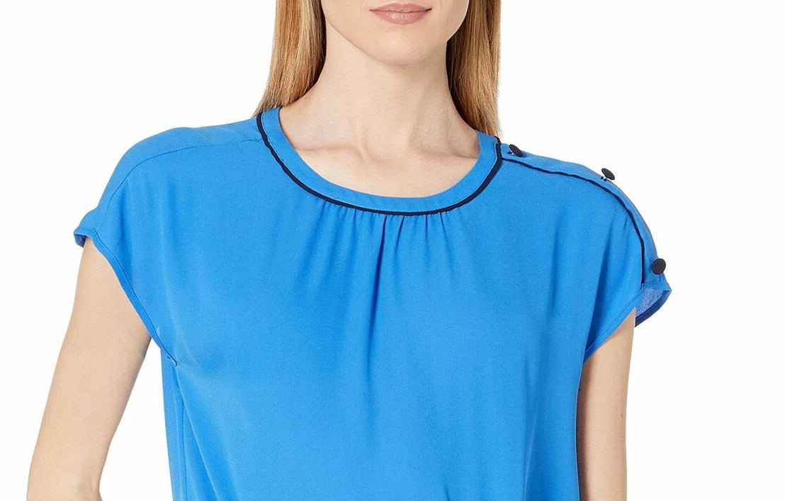 Vince Camuto Blusa feminina com botões e ombro de fora, azul escuro, tamanho médio