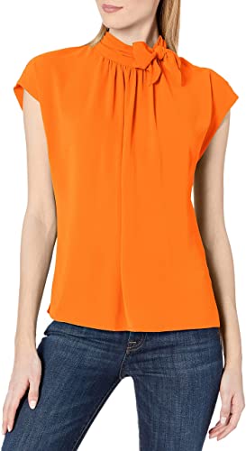 Blusa feminina Vince Camuto com franzido e gola amarrada, laranja, tamanho pequeno