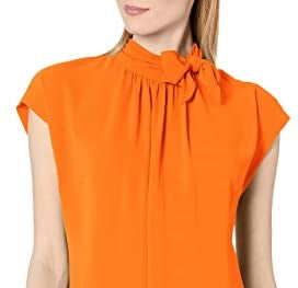 Blusa feminina Vince Camuto com franzido e gola amarrada, laranja, tamanho pequeno