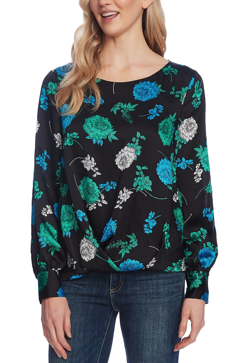 Vince Camuto Blusa feminina com estampa floral e bainha dobrável, preta, tamanho grande