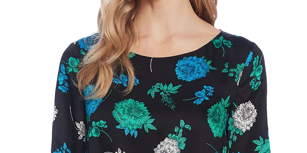 Vince Camuto Blusa feminina com estampa floral e bainha dobrável, preta, tamanho grande