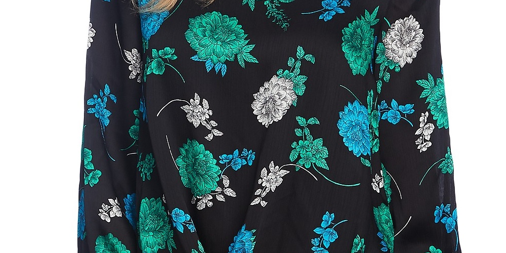 Vince Camuto Blusa feminina com estampa floral e bainha dobrável, preta, tamanho grande