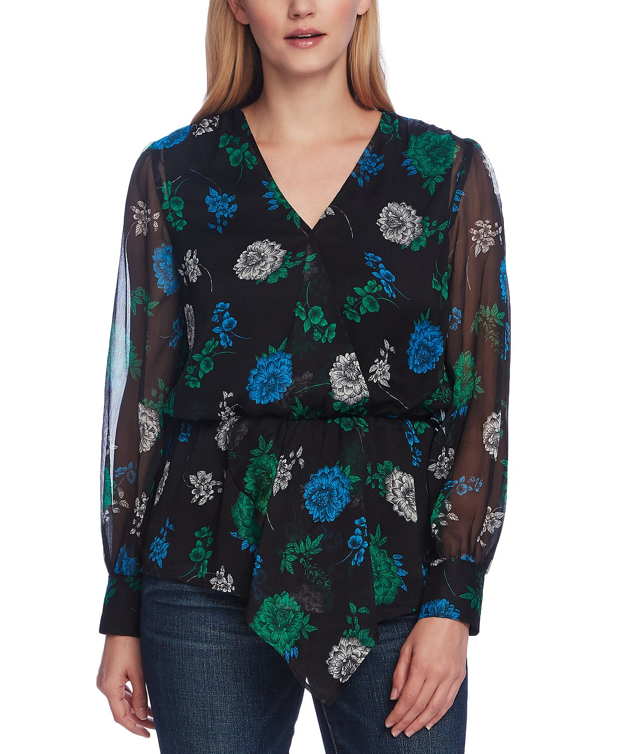 Top feminino Vince Camuto com estampa floral e cintura marcada, preto, tamanho grande