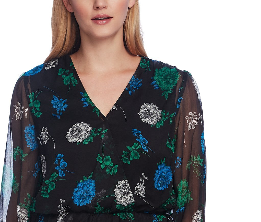 Top feminino Vince Camuto com estampa floral e cintura marcada, preto, tamanho grande