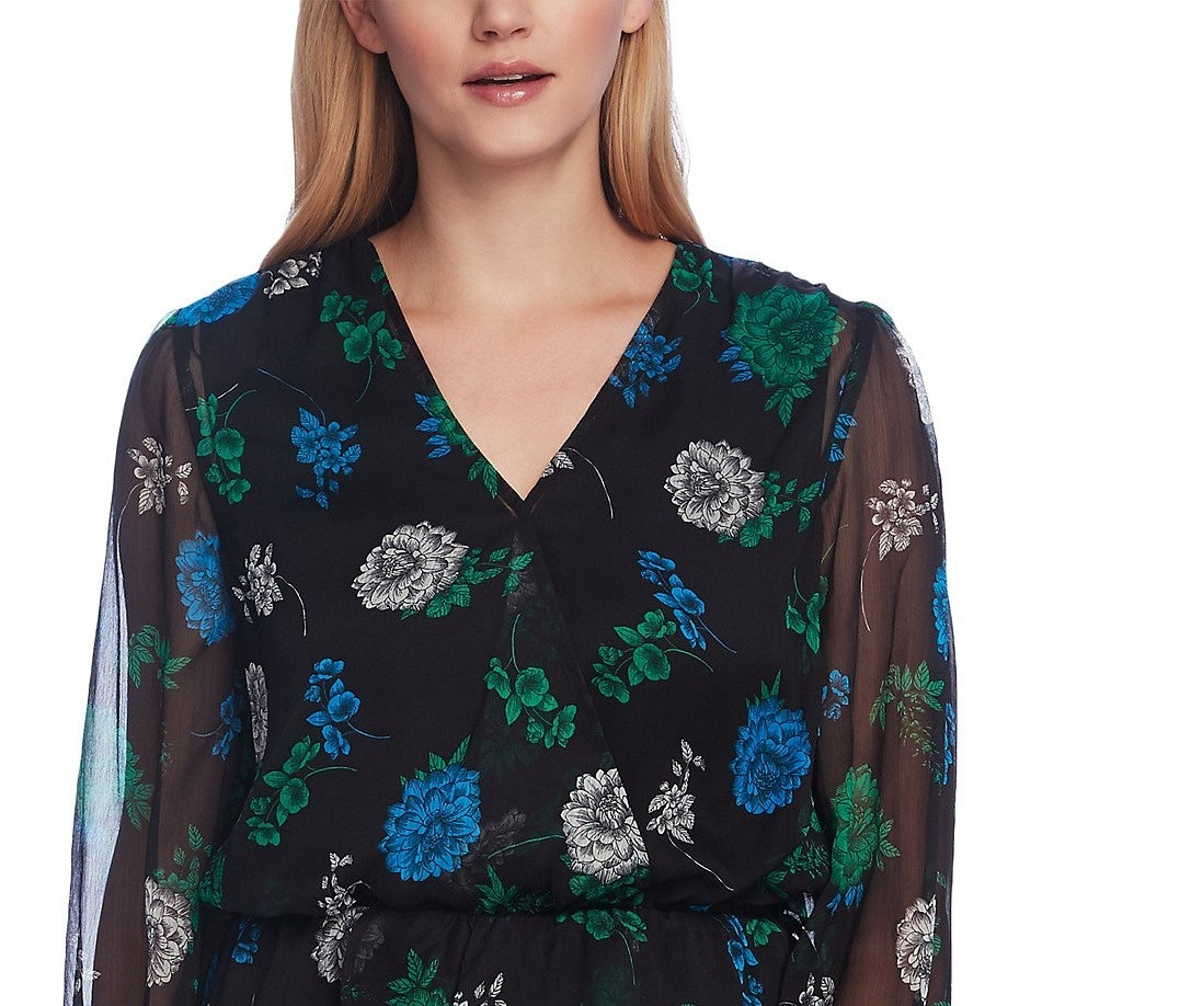 Top feminino Vince Camuto com estampa floral e cintura marcada, cinza, tamanho médio