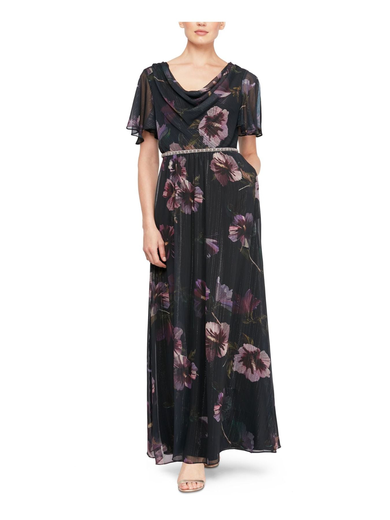 Vestido feminino LSNY Fashions com decote canoa, manga curta, cintura com contas, floral, azul marinho, tamanho 14P