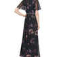Vestido feminino LSNY Fashions com decote canoa, manga curta, cintura com contas, floral, azul marinho, tamanho 14P